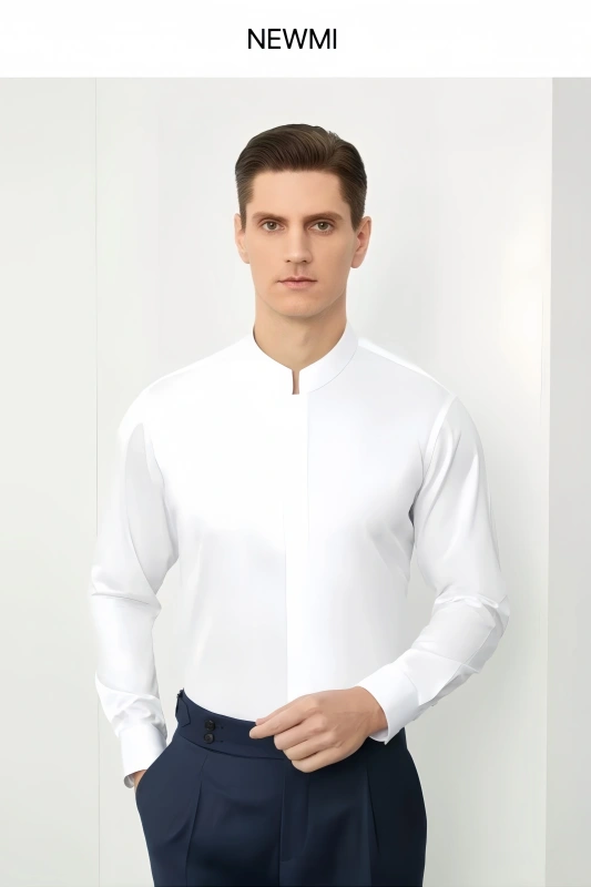 NEWMI Men's Mandarin Collar Dress Shirt 100% Cotton Lutai 100S Two-Ply DP Non-Iron Wrinkle Free Business Casual Formal Long Slee