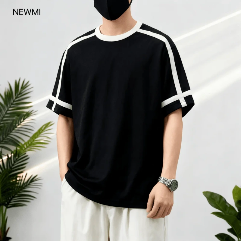 NEWMI Men's Contrast Stripe Ringer T-Shirt | Retro Varsity Crew Neck Tee | Loose Casual Short Sleeve Top | Summer Streetwear (Mu