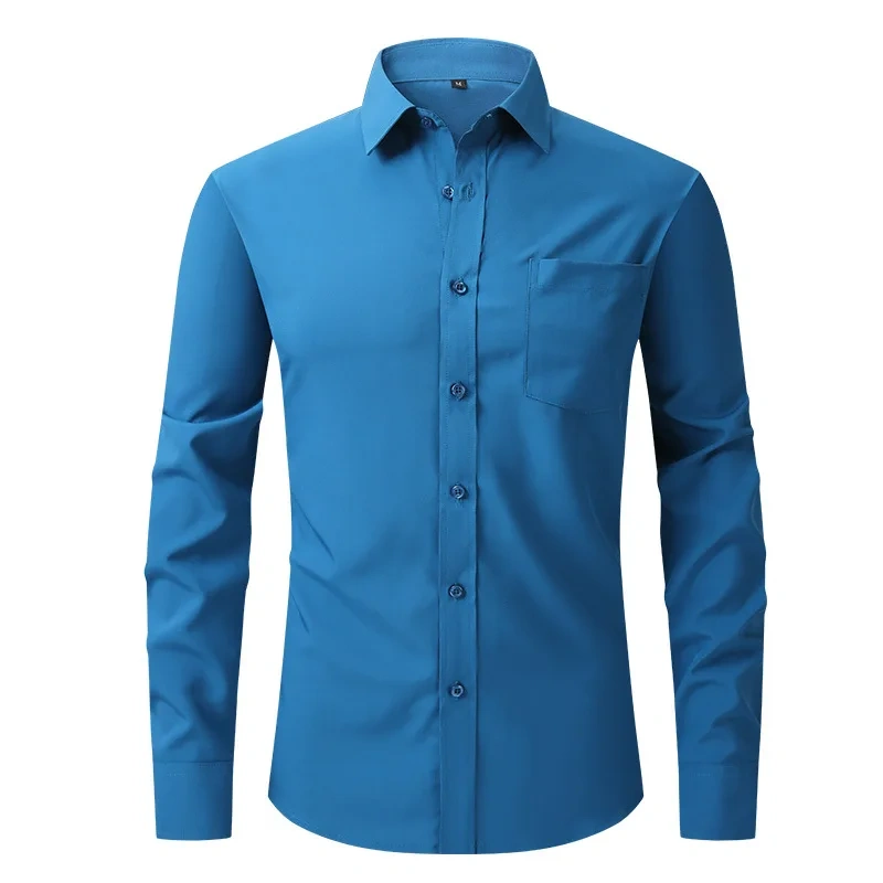 Solid Color Men's Long-sleeved Shirt, Single-breasted Square Collar Small Elastic Shirts, Suitable for Wedding/Business/Office