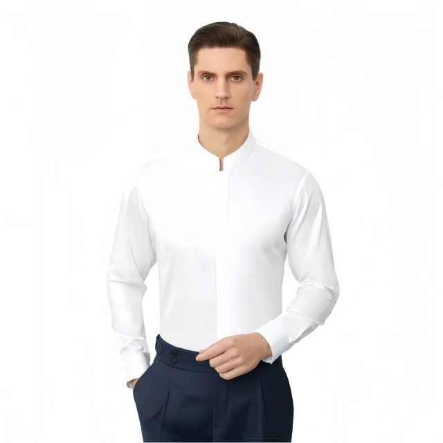 NEWMI Men's Mandarin Collar Dress Shirt 100% Cotton Lutai 100S Two-Ply DP Non-Iron Wrinkle Free Business Casual Formal Long Slee