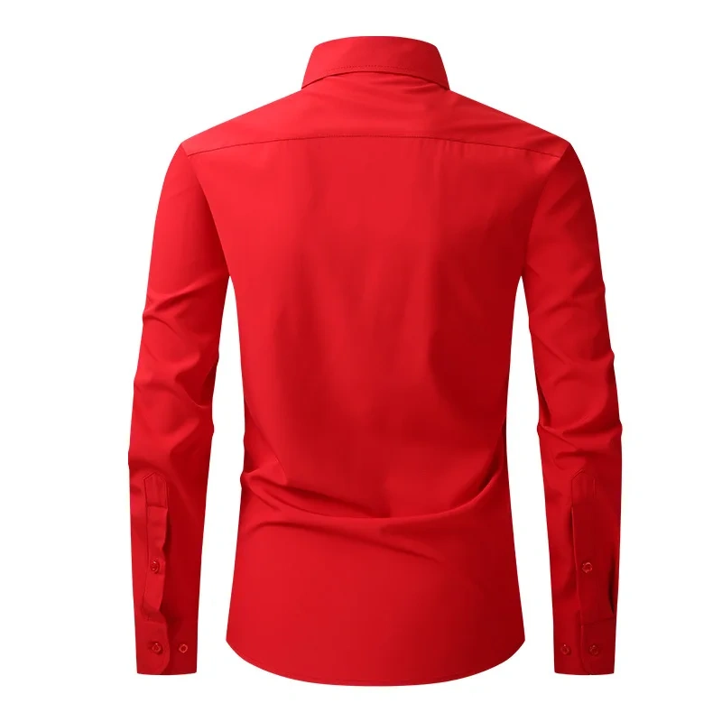 Solid Color Men's Long-sleeved Shirt, Single-breasted Square Collar Small Elastic Shirts, Suitable for Wedding/Business/Office