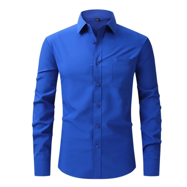 Solid Color Men's Long-sleeved Shirt, Single-breasted Square Collar Small Elastic Shirts, Suitable for Wedding/Business/Office