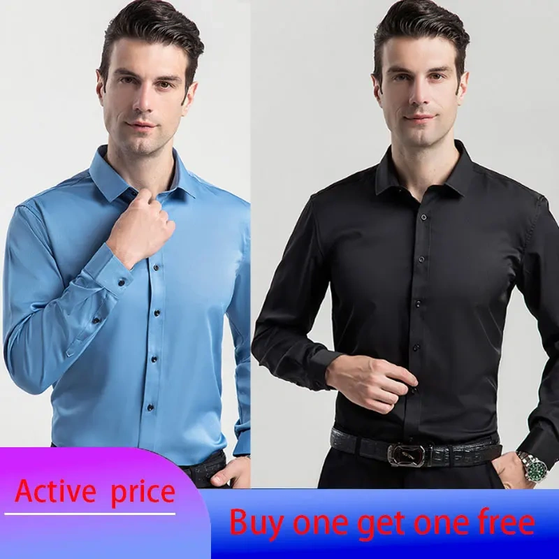 6XL  8XL 44-125KG White Men Shirt Dress Long Sleeve Oversize - Wrinkle Free Business Casual Solid Color Large Size Luxury