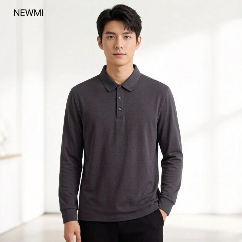 NEWMI Premium Men's Combed Cotton Long Sleeve Polo Shirt | Solid Color, Shape Retention, Stretchy Ribbed Cuffs for Daily & Busin