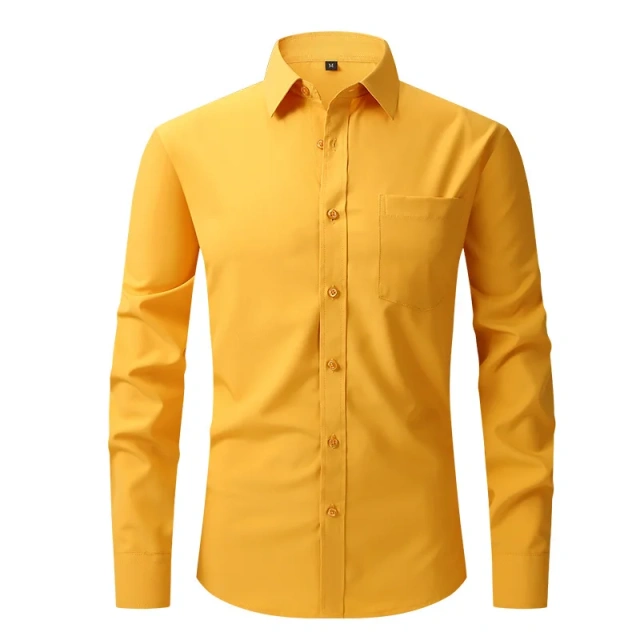 Solid Color Men's Long-sleeved Shirt, Single-breasted Square Collar Small Elastic Shirts, Suitable for Wedding/Business/Office