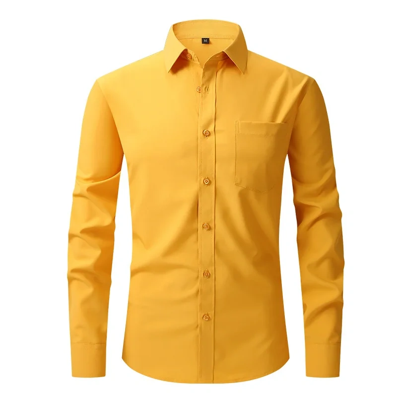 Solid Color Men's Long-sleeved Shirt, Single-breasted Square Collar Small Elastic Shirts, Suitable for Wedding/Business/Office