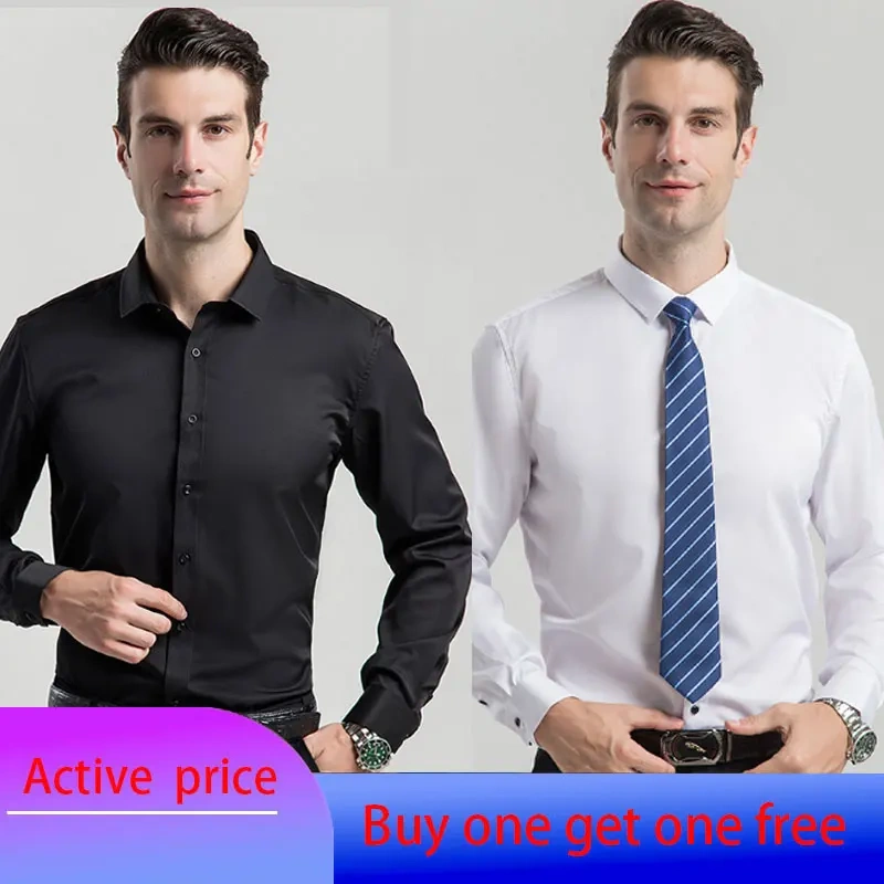 6XL  8XL 44-125KG White Men Shirt Dress Long Sleeve Oversize - Wrinkle Free Business Casual Solid Color Large Size Luxury