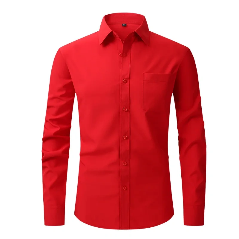 Solid Color Men's Long-sleeved Shirt, Single-breasted Square Collar Small Elastic Shirts, Suitable for Wedding/Business/Office