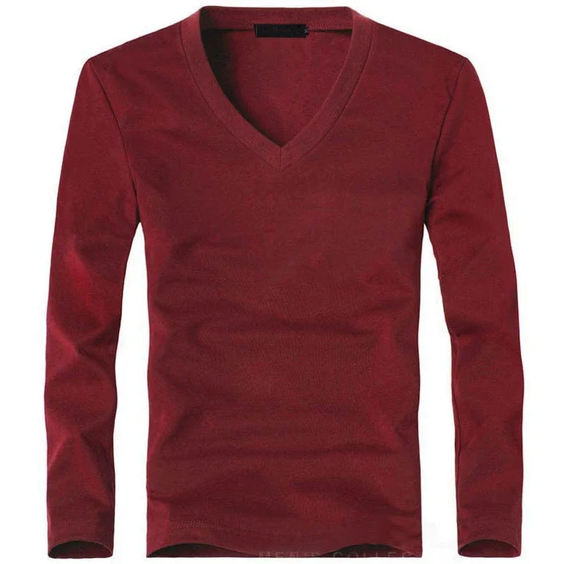 2026 Elastic Mens T-Shirt V-Neck Long Sleeve Men T Shirt for Male T-Shirts Man Clothing TShirt Brand Tops Tees