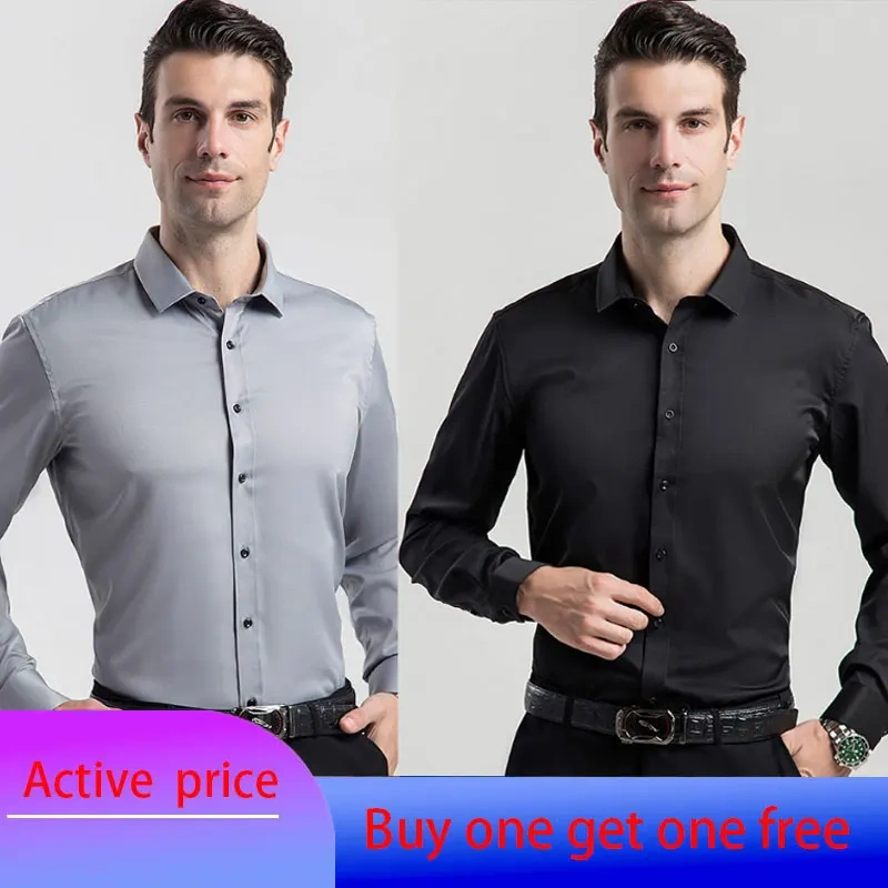 6XL  8XL 44-125KG White Men Shirt Dress Long Sleeve Oversize - Wrinkle Free Business Casual Solid Color Large Size Luxury