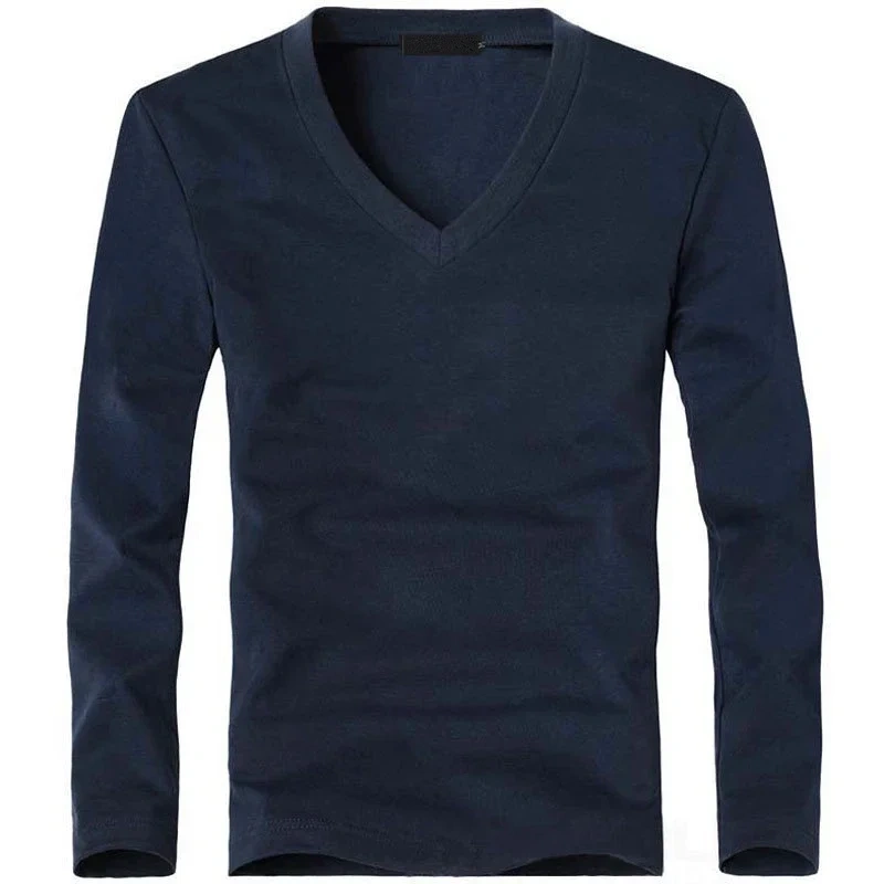 2026 Elastic Mens T-Shirt V-Neck Long Sleeve Men T Shirt for Male T-Shirts Man Clothing TShirt Brand Tops Tees