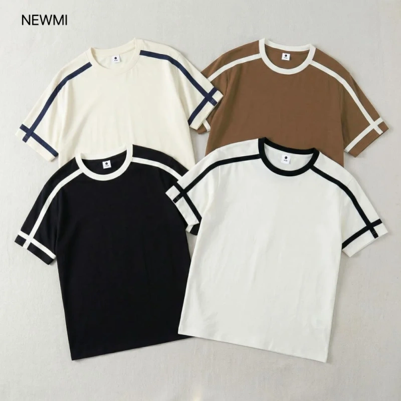 NEWMI Men's Contrast Stripe Ringer T-Shirt | Retro Varsity Crew Neck Tee | Loose Casual Short Sleeve Top | Summer Streetwear (Mu