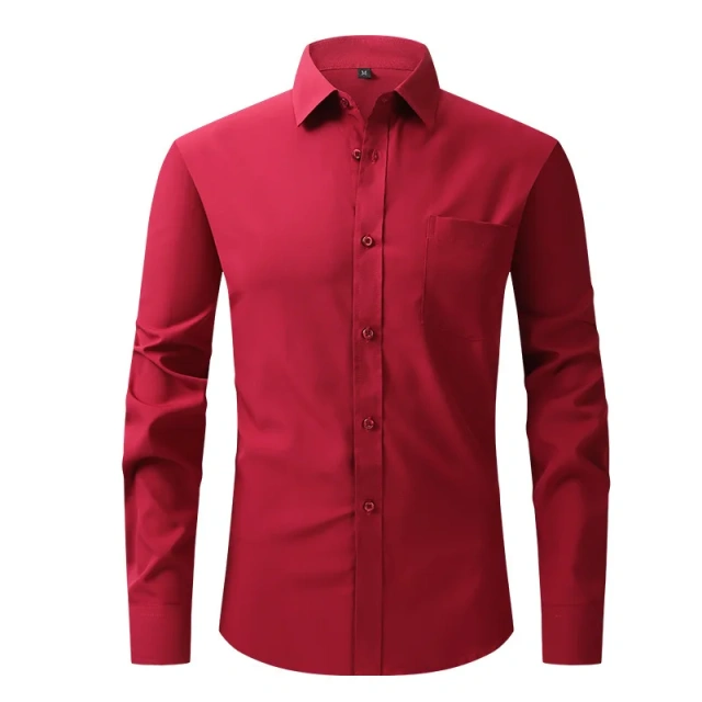 Solid Color Men's Long-sleeved Shirt, Single-breasted Square Collar Small Elastic Shirts, Suitable for Wedding/Business/Office
