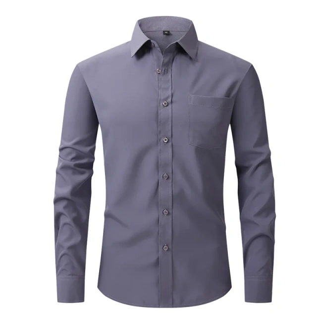 Solid Color Men's Long-sleeved Shirt, Single-breasted Square Collar Small Elastic Shirts, Suitable for Wedding/Business/Office
