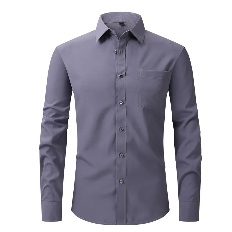 Solid Color Men's Long-sleeved Shirt, Single-breasted Square Collar Small Elastic Shirts, Suitable for Wedding/Business/Office
