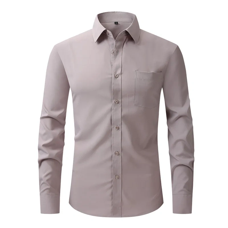 Solid Color Men's Long-sleeved Shirt, Single-breasted Square Collar Small Elastic Shirts, Suitable for Wedding/Business/Office