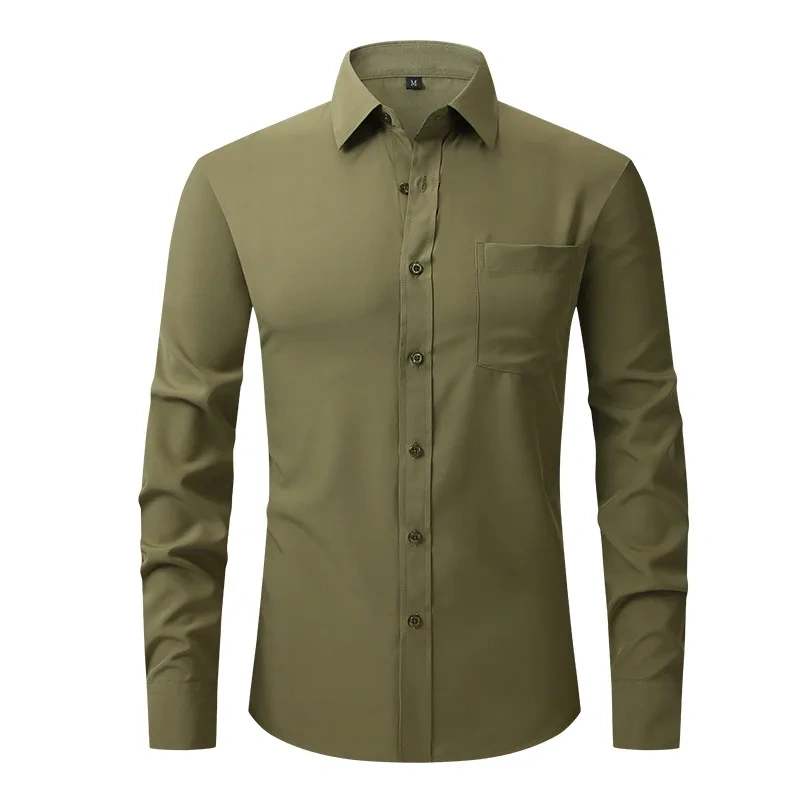 Solid Color Men's Long-sleeved Shirt, Single-breasted Square Collar Small Elastic Shirts, Suitable for Wedding/Business/Office
