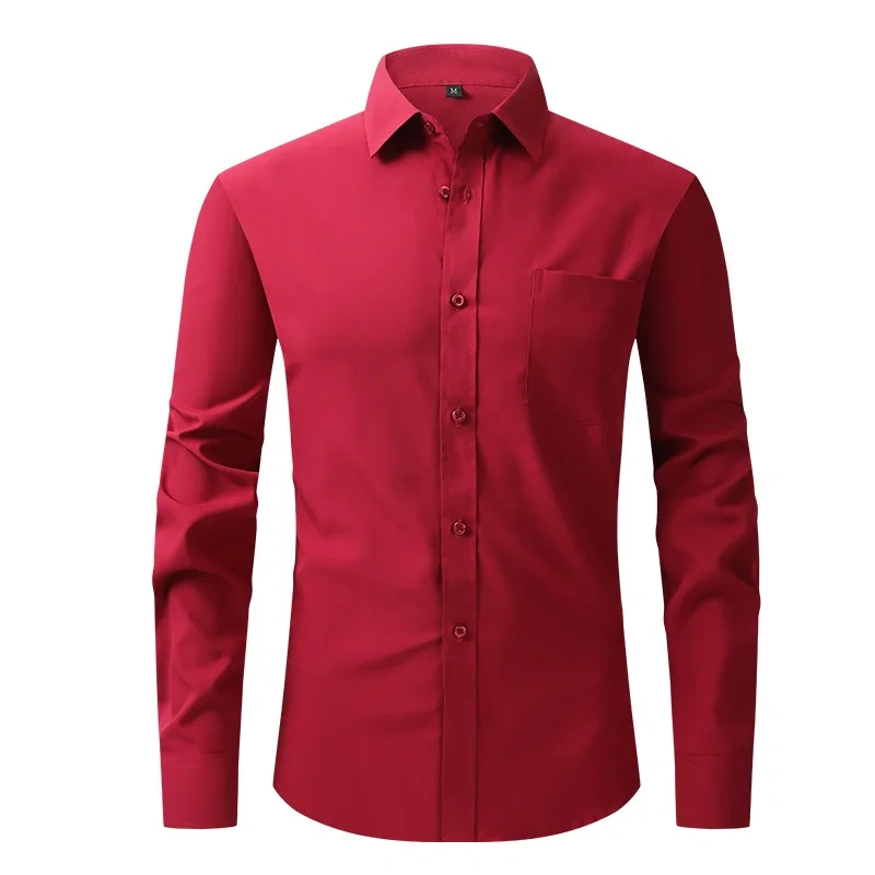 Solid Color Men's Long-sleeved Shirt, Single-breasted Square Collar Small Elastic Shirts, Suitable for Wedding/Business/Office