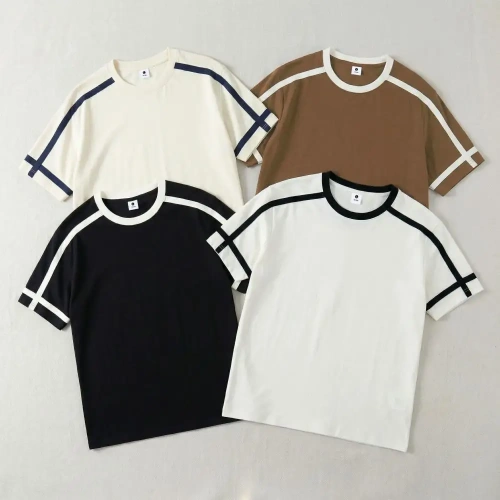 Men's Contrast Stripe Ringer T-Shirt | Retro Varsity Crew Neck Tee | Loose Casual Short Sleeve
