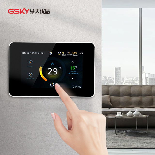 ترموستات Green Sky Premium الذكي - معيار الاتحاد الأوروبي | شاشة لمس ملونة | تحكم في تدفئة المياه والكهرباء