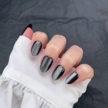 Black Cat Eye Oval Press-On Nails,Edgy Shimmer Cat Eye Wearable Nails 