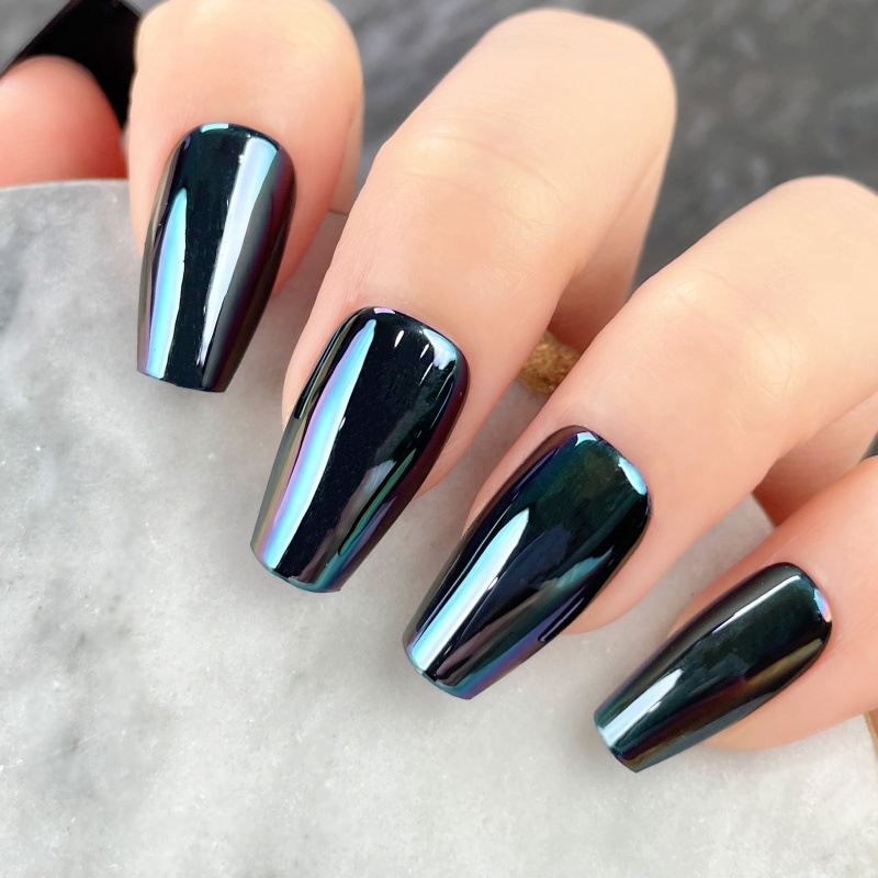 Black Iridescent Mirror Square Press-On Nails,Black Iridescent Mirror Square Press-On Nails 