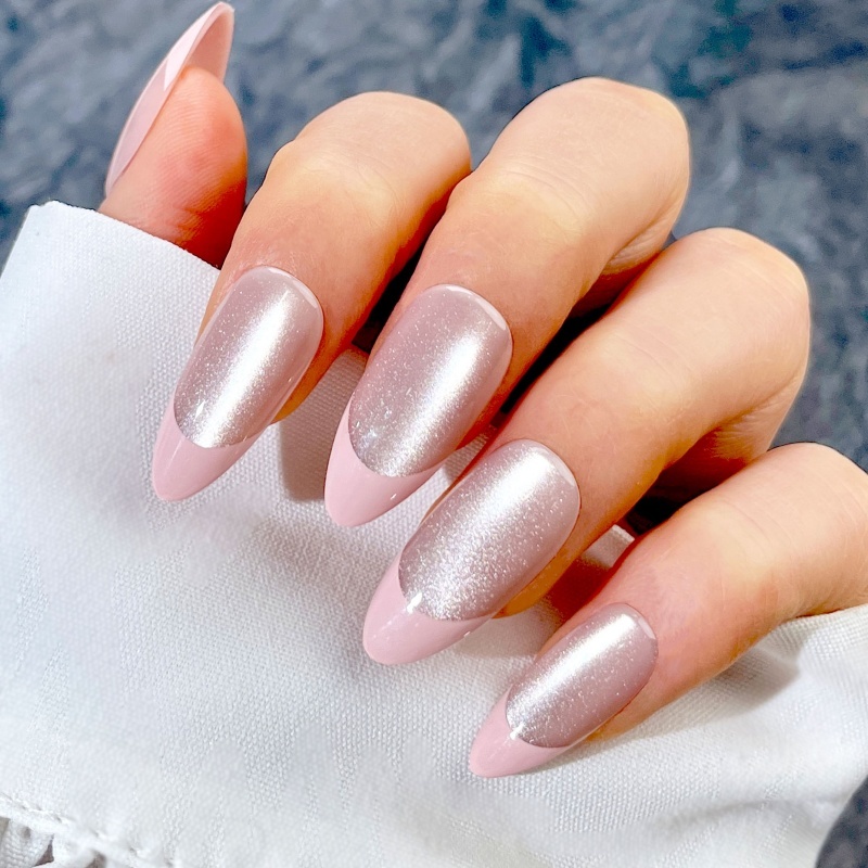 Pink Silver Glitter Two-Tone Press-On Nails,Pink Silver Glitter Two-Tone Press-On Nails 
