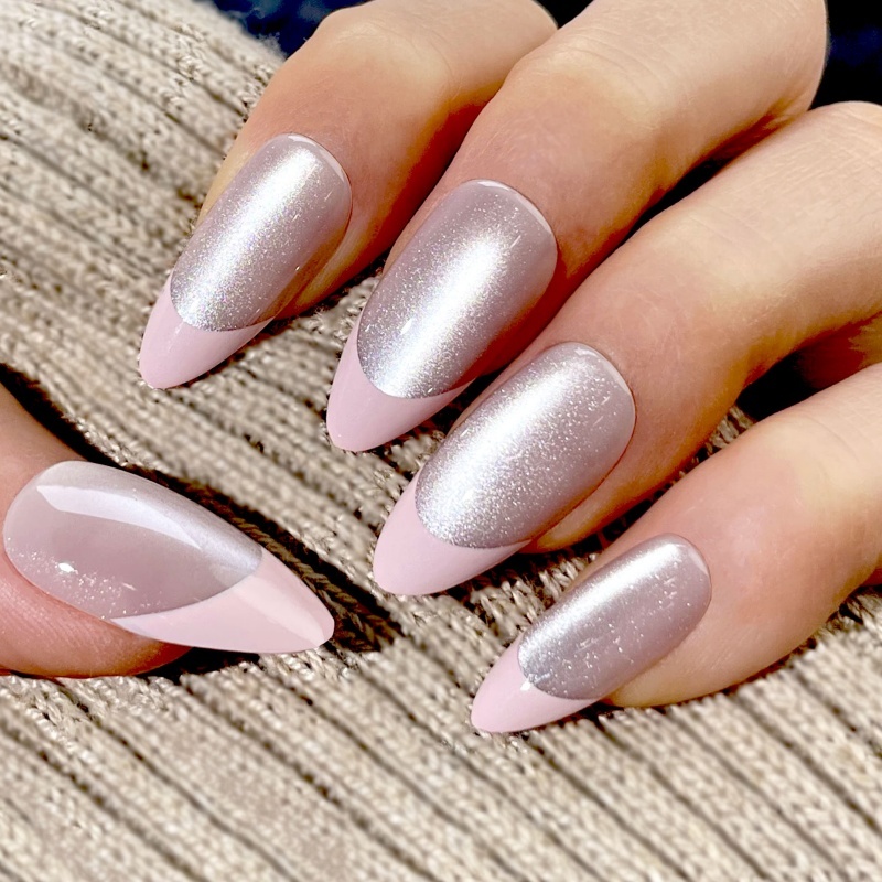 Pink Silver Glitter Two-Tone Press-On Nails,Pink Silver Glitter Two-Tone Press-On Nails 
