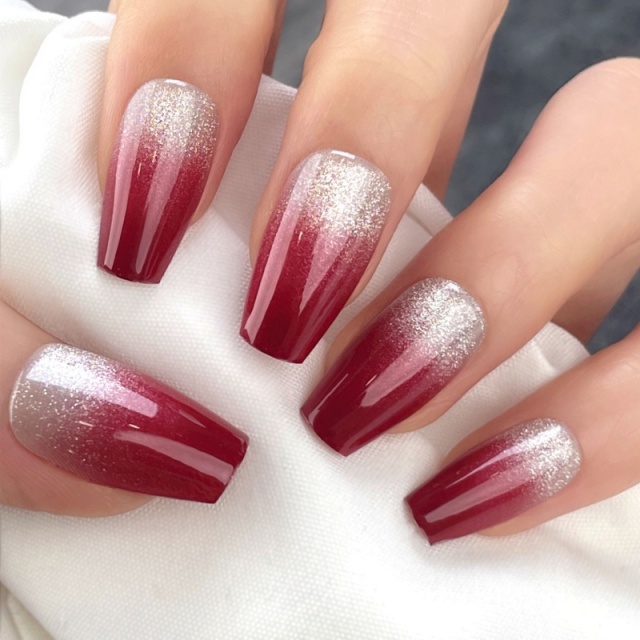 Red Silver Glitter Ombre Press-On Nails,Red Silver Glitter Ombre Press-On Nails 