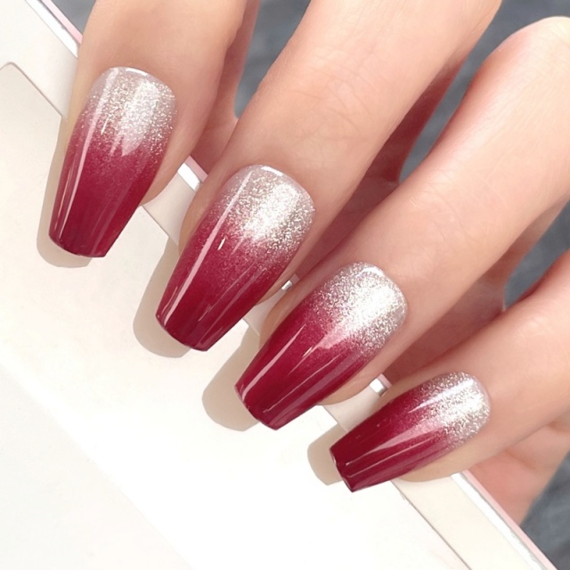 Red Silver Glitter Ombre Press-On Nails,Red Silver Glitter Ombre Press-On Nails 