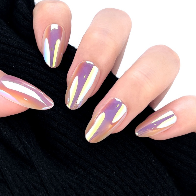 Long almond-shaped pink metallic glossy nails,Long almond-shaped pink metallic glossy nails 