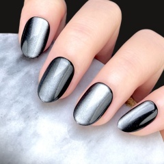 Black Cat Eye Oval Press-On Nails,Edgy Shimmer Cat Eye Wearable Nails 