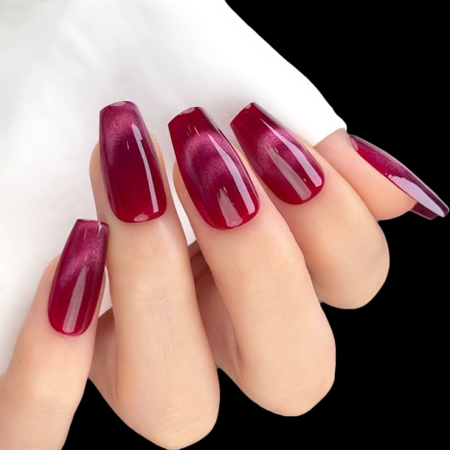 Medium-long oval false nails with deep red gloss,Medium-long oval false nails with deep red gloss 