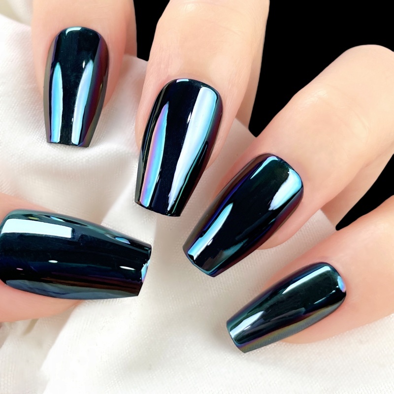 Black Iridescent Mirror Square Press-On Nails,Black Iridescent Mirror Square Press-On Nails 