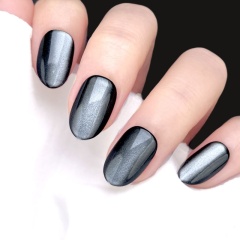 Black Cat Eye Oval Press-On Nails,Edgy Shimmer Cat Eye Wearable Nails 