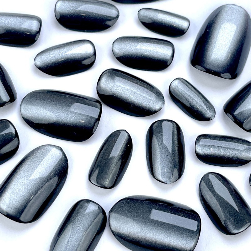 Black Cat Eye Oval Press-On Nails,Edgy Shimmer Cat Eye Wearable Nails 