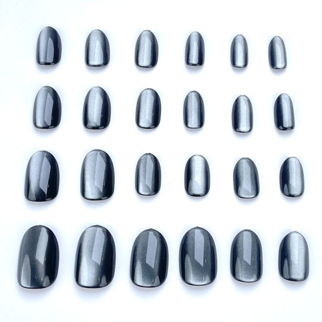 Black Cat Eye Oval Press-On Nails,Edgy Shimmer Cat Eye Wearable Nails 