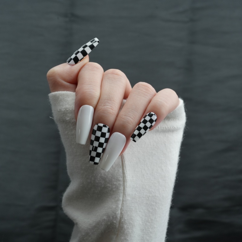 Black-White Checkerboard Stiletto Press-On Nails,Black-White Checkerboard Stiletto Press-On Nails 