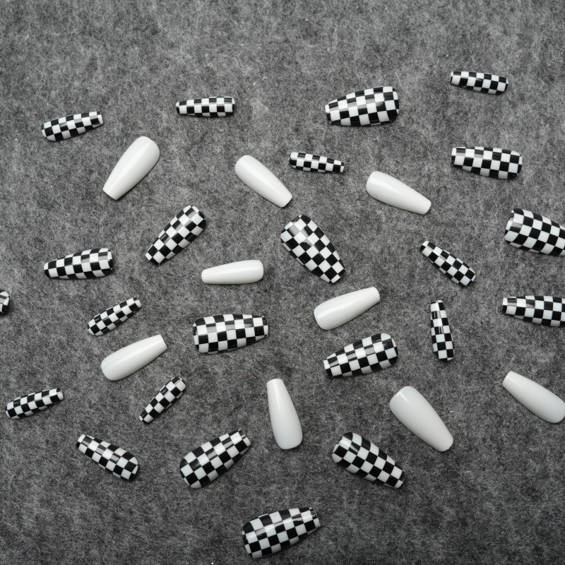 Black-White Checkerboard Stiletto Press-On Nails,Black-White Checkerboard Stiletto Press-On Nails 
