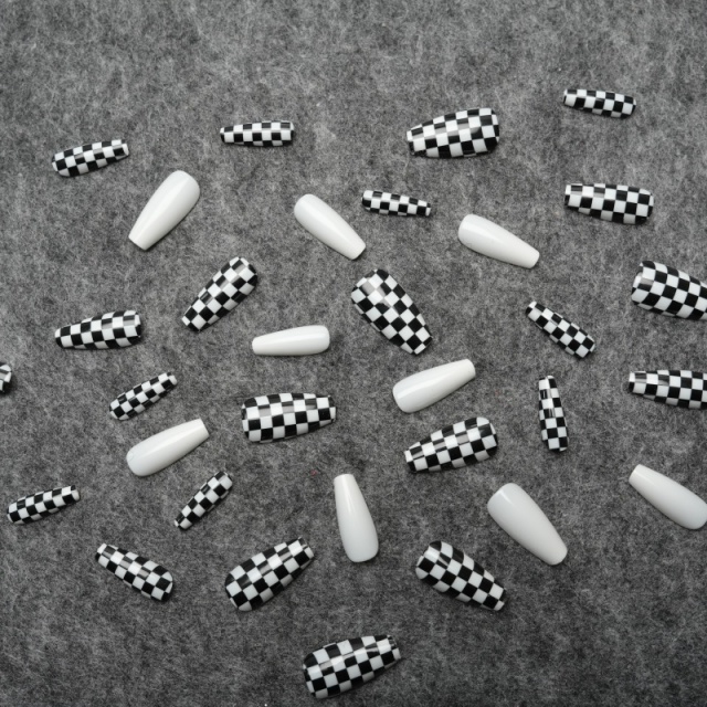 Black-White Checkerboard Stiletto Press-On Nails,Black-White Checkerboard Stiletto Press-On Nails 