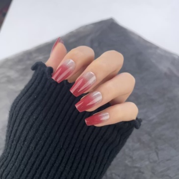 Red Silver Glitter Ombre Press-On Nails,Red Silver Glitter Ombre Press-On Nails 