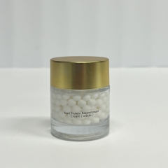 Bulk white Pearl Protein Recombinant Cream single unit—transparent glass jar with golden lid, featuring white beaded texture, suitable for B2B beauty supply & OEM skincare orders