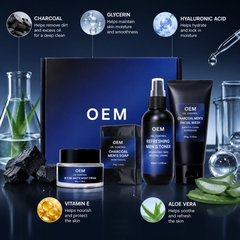 Men's 4-Piece Oil Control Skincare Kit | Charcoal Cleansing Soap + Face Wash + Toner + Matte Moisturizer for Fresh, Shine-Free Skin,Men's 4-Piece Oil Control Skincare Kit | Charcoal Cleansing Soap + Face Wash + Toner + Matte Moisturizer for Fresh, Shine-Free Skin 
