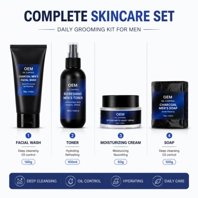 Men's 4-Piece Oil Control Skincare Kit | Charcoal Cleansing Soap + Face Wash + Toner + Matte Moisturizer for Fresh, Shine-Free Skin,Men's 4-Piece Oil Control Skincare Kit | Charcoal Cleansing Soap + Face Wash + Toner + Matte Moisturizer for Fresh, Shine-Free Skin 