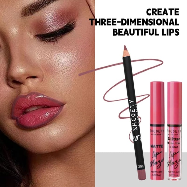 Pearlescent Shimmer Lipstick Set, Matte Waterproof Non-Transfer Lip Gloss & Lip Liner Pencil,Pearlescent Shimmer Lipstick Set, Matte Waterproof Non-Transfer Lip Gloss & Lip Liner Pencil 