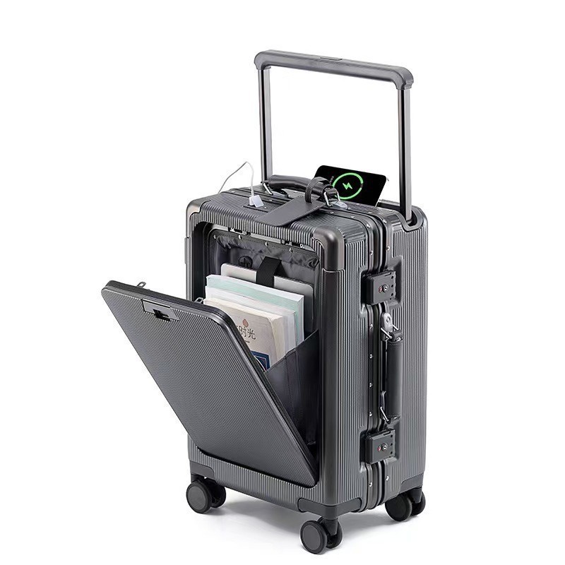 Front-Opening Aluminum Frame Suitcase with USB & Laptop Compartment – 20” / 24” / 26” Travel Luggage