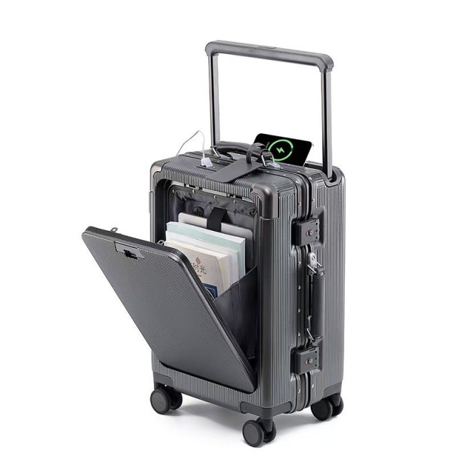 Front-Opening Aluminum Frame Suitcase with USB & Laptop Compartment – 20” / 24” / 26” Travel Luggage