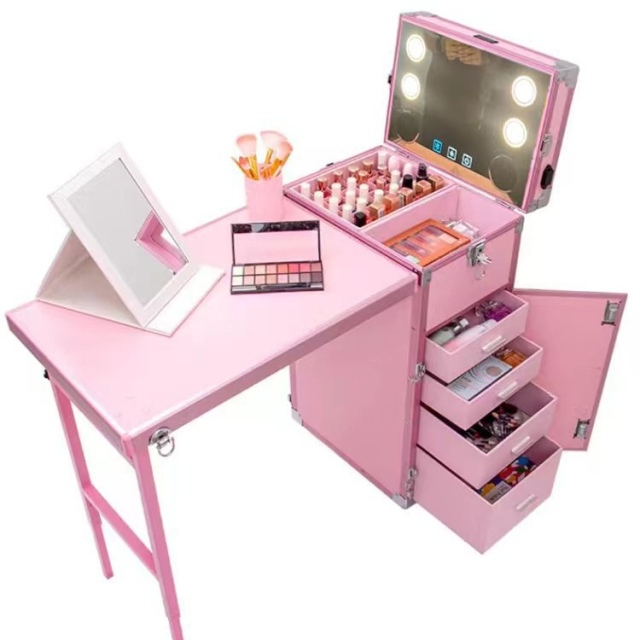 Trendy Multi-Drawer Portable Makeup Trolley Case with HD LED Mirror and Built-in Speaker