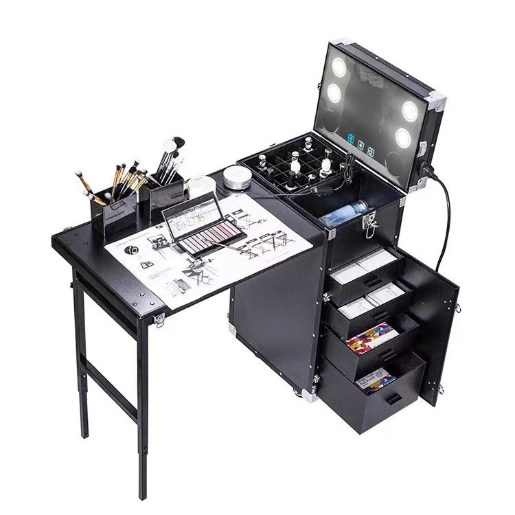 Trendy Multi-Drawer Portable Makeup Trolley Case with HD LED Mirror and Built-in Speaker