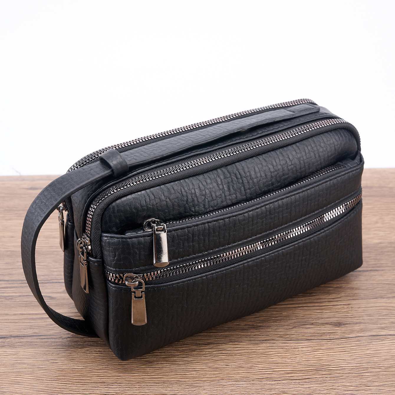 Men’s Black PU Leather Business Handbag Stylish Zip Top Briefcase with Multi-Compartments